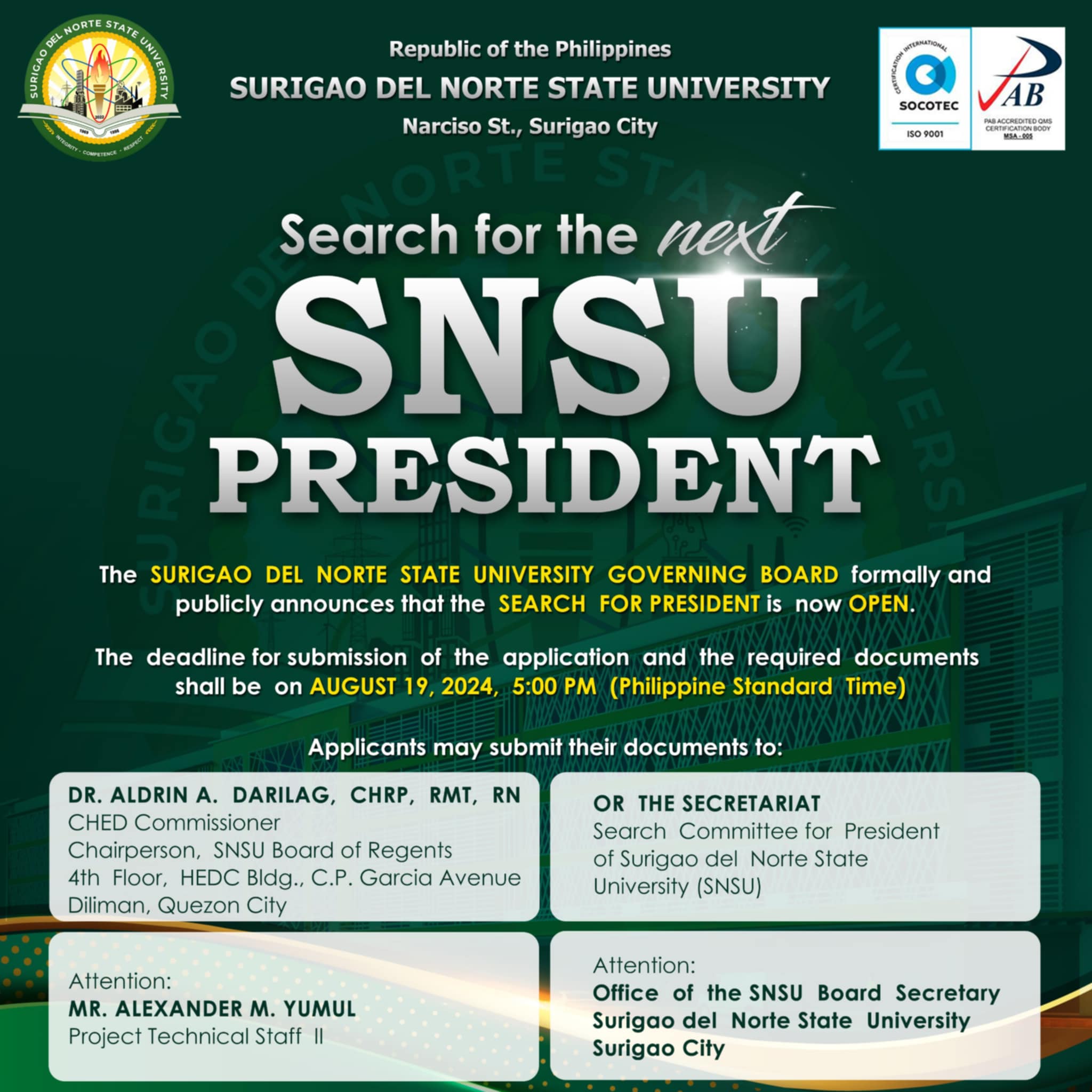 Search for the next SNSU President